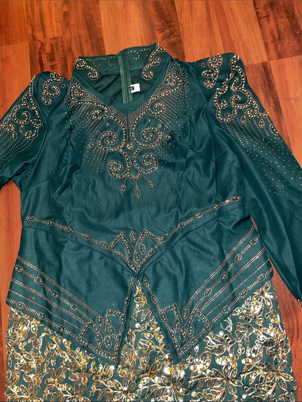 STRETCH KNIT BEADED JACKET& Attached SEQUIN SOUTACHE MAXI SKIRT 1-2X